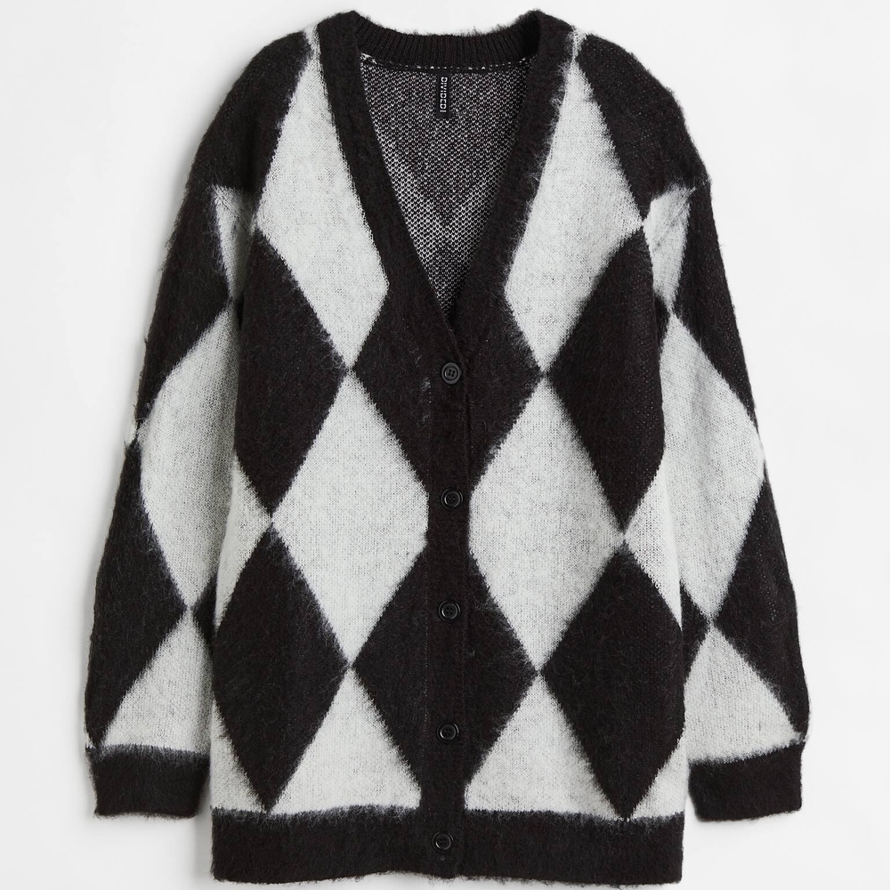 H&M Black and White Harlequin V-Neck Sweater Cardigan Timeless Design